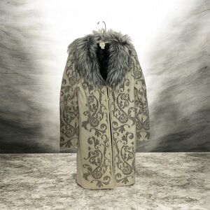 Long Cardigan Sz 8-10 Textured Wool Faux Fur Collar Festival Glam Event Mob Wife